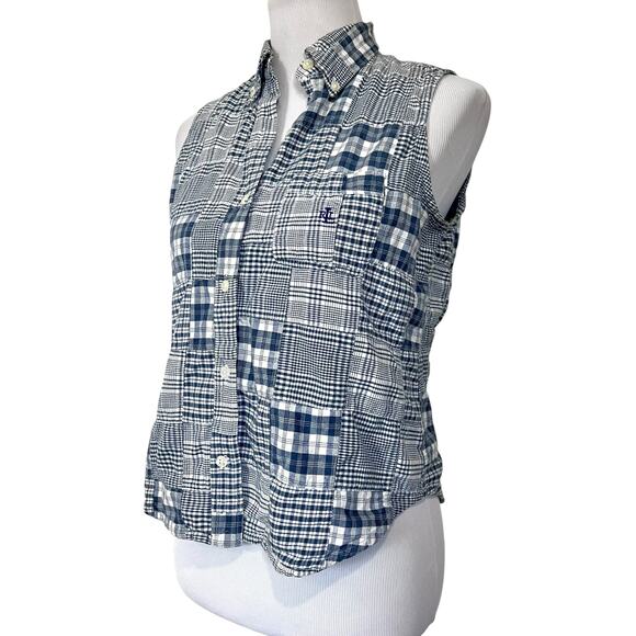 Lauren Ralph Lauren Vintage Plaid Patchwork Top Button Up Sleeveless Blue Sz 10P - Picture 3 of 7